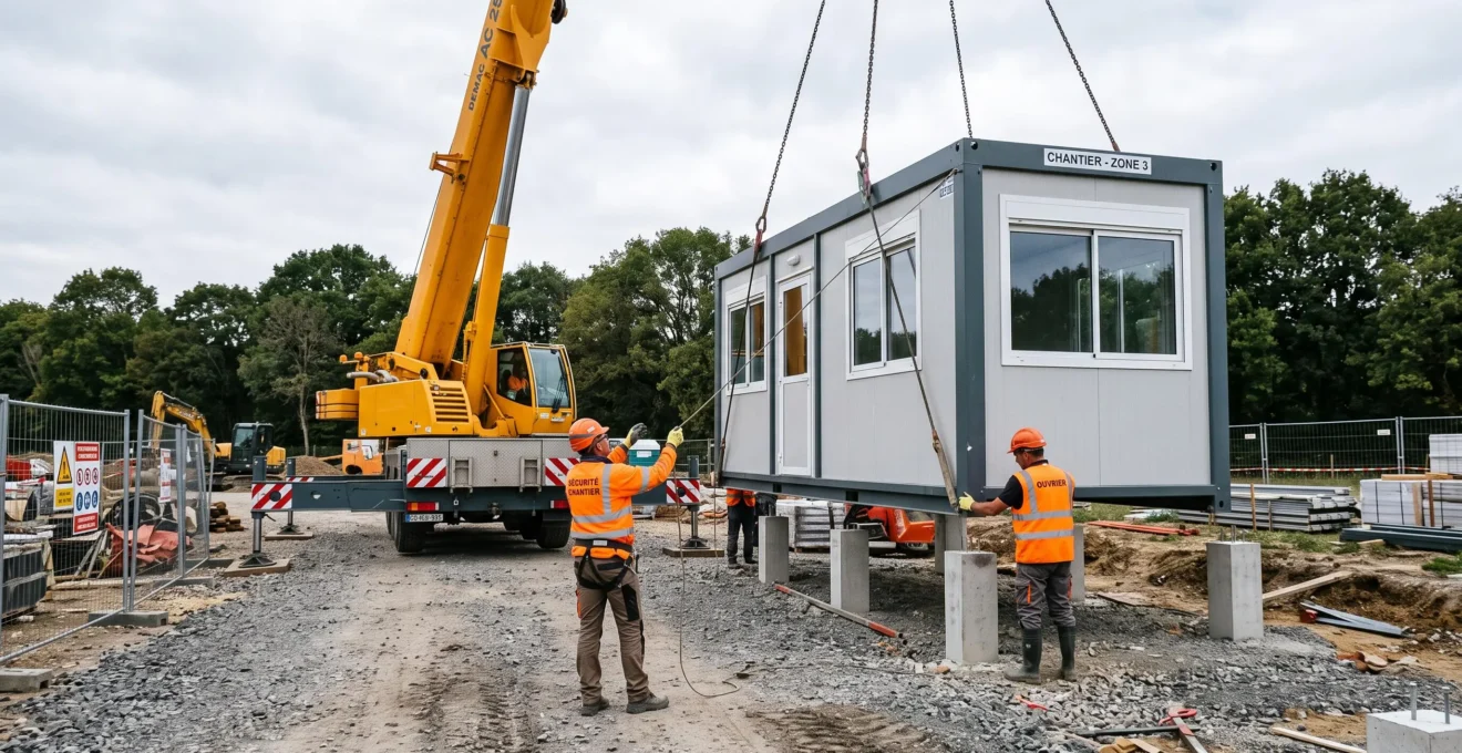 Des ouvriers installent un module de bureaux préfabriqué à la grue sur un chantier.