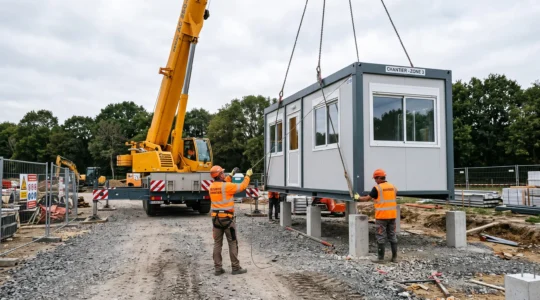 Des ouvriers installent un module de bureaux préfabriqué à la grue sur un chantier.