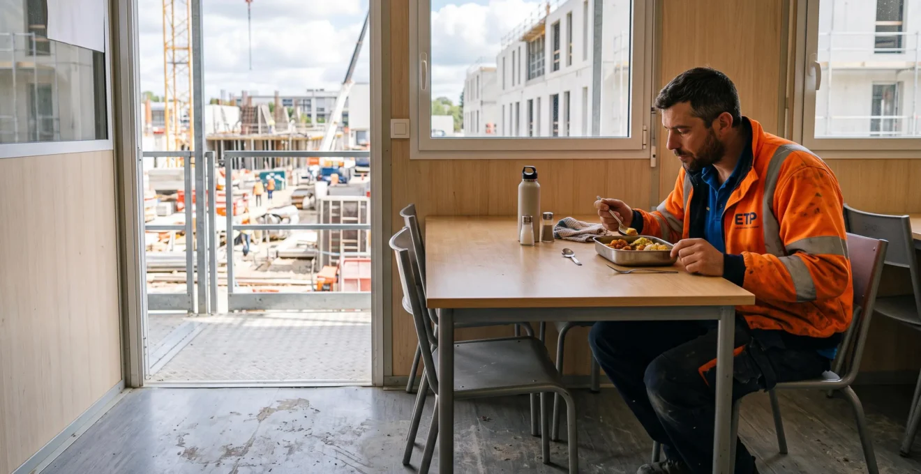 Un ouvrier déjeune assis à une table dans un réfectoire modulaire lumineux.