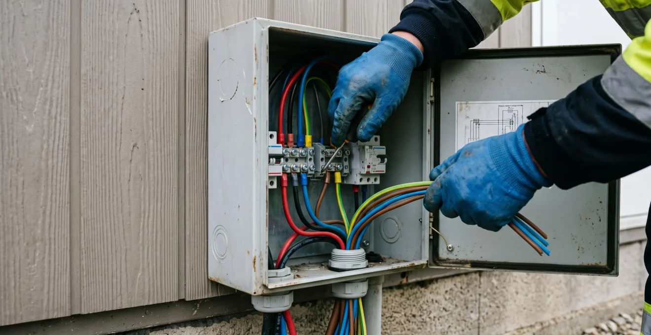 Un technicien vérifie le raccordement électrique au pied d'un module temporaire.